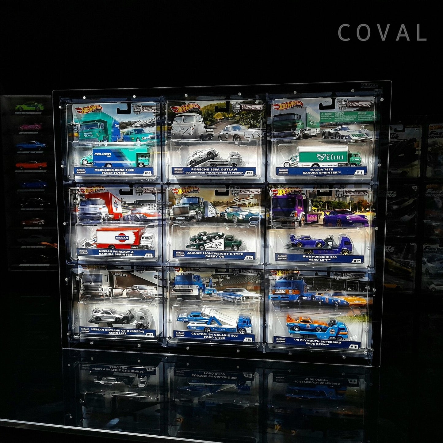 CXF-303B Acrylic Wall Display for 3 x 3 Carded Team Transport Premium Hot Wheels